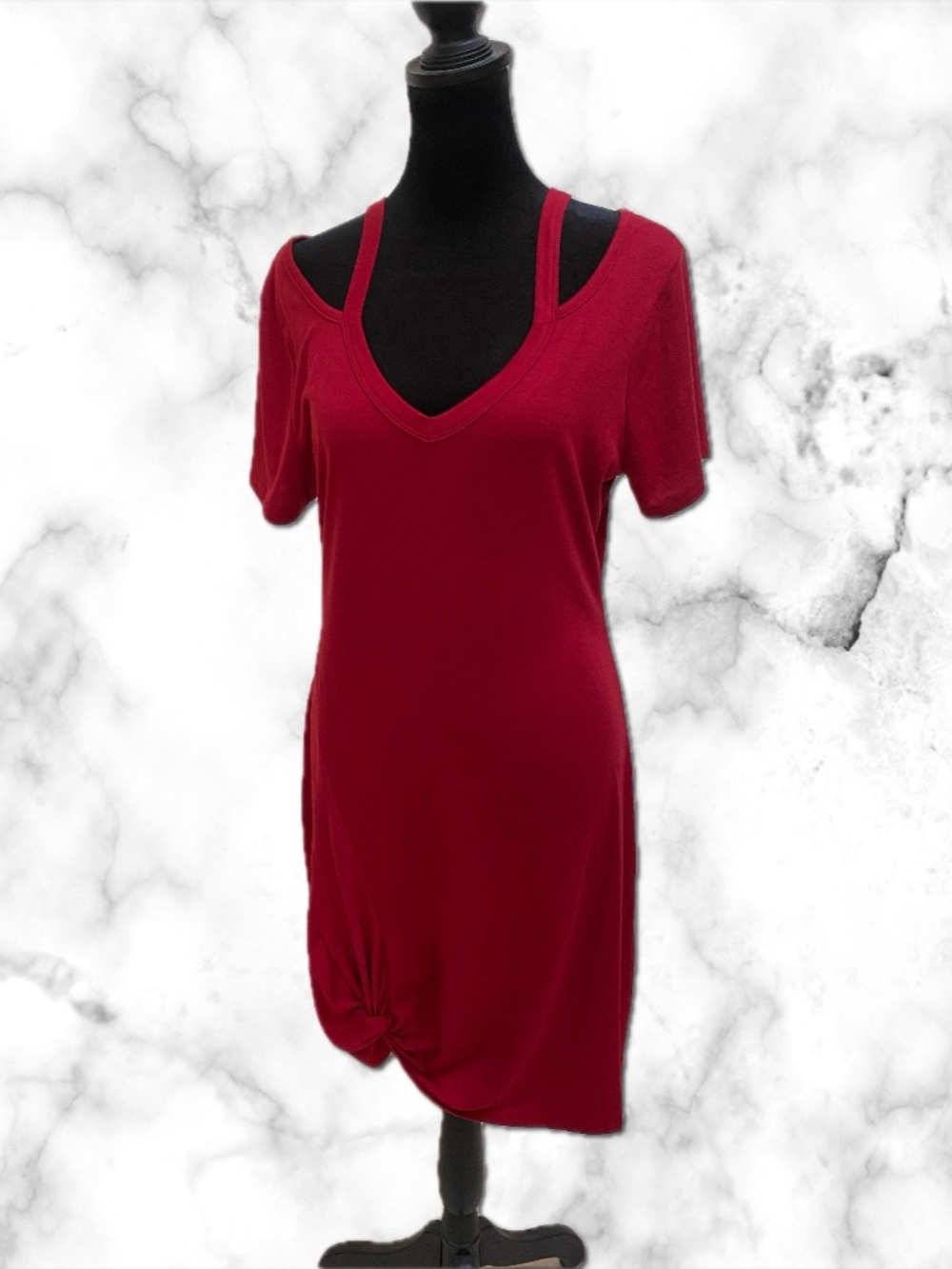 Women’s Red V-Neck Short Sleeve Mini Dress with Front Knot
